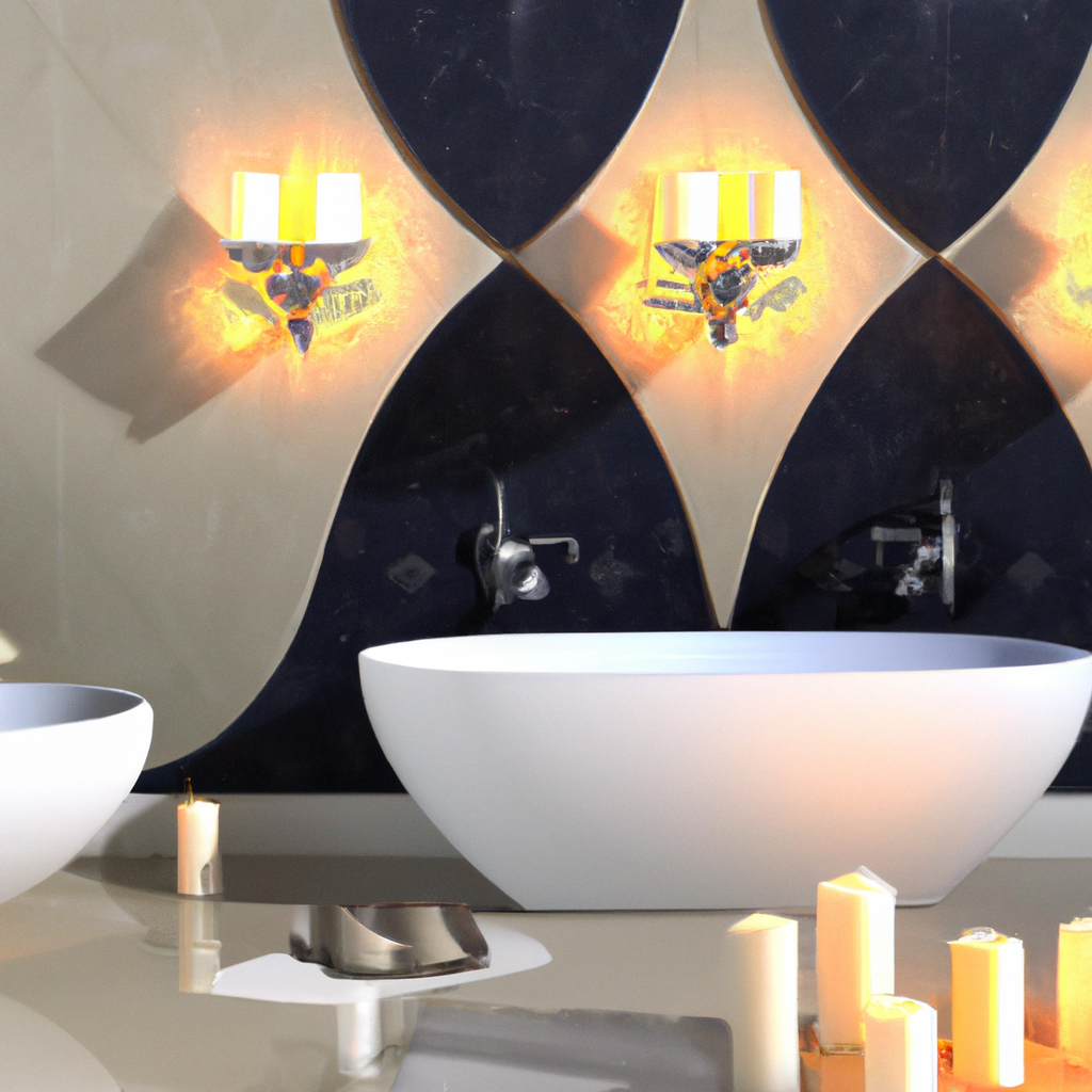 Baignoire moderne blanche, murs bi-ton bleu et beige, appliques élégantes, ambiance relaxante et lumineuse.