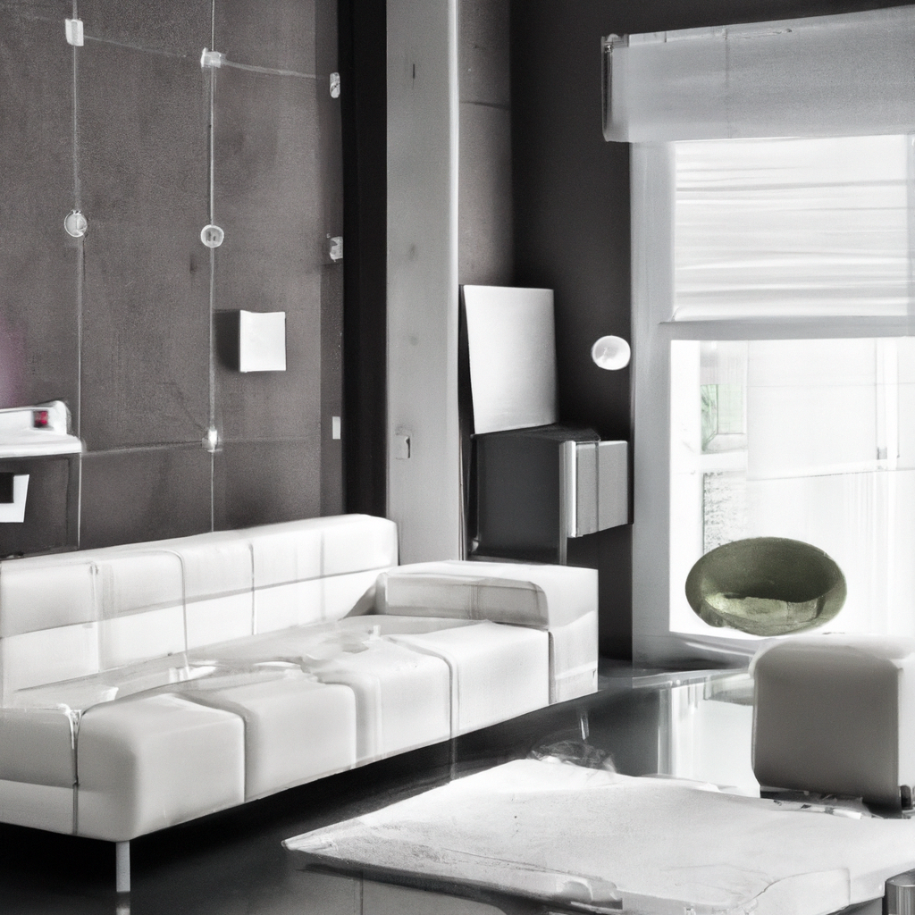 Intérieur moderne avec canapé blanc, murs gris foncé, table en verre et chaise verte, ambiance épurée et contemporaine.