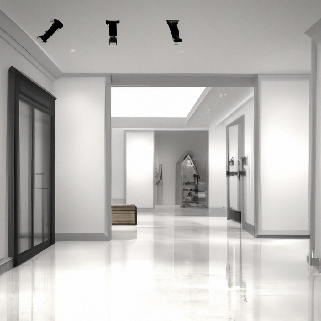 Intérieur moderne minimaliste avec murs blancs, sol en marbre et éclairage indirect, ambiance épurée et élégante.