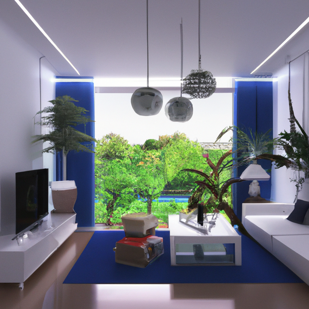 Salon moderne avec des murs bleus, canapé blanc, décor végétal, grandes fenêtres et ambiance lumineuse.