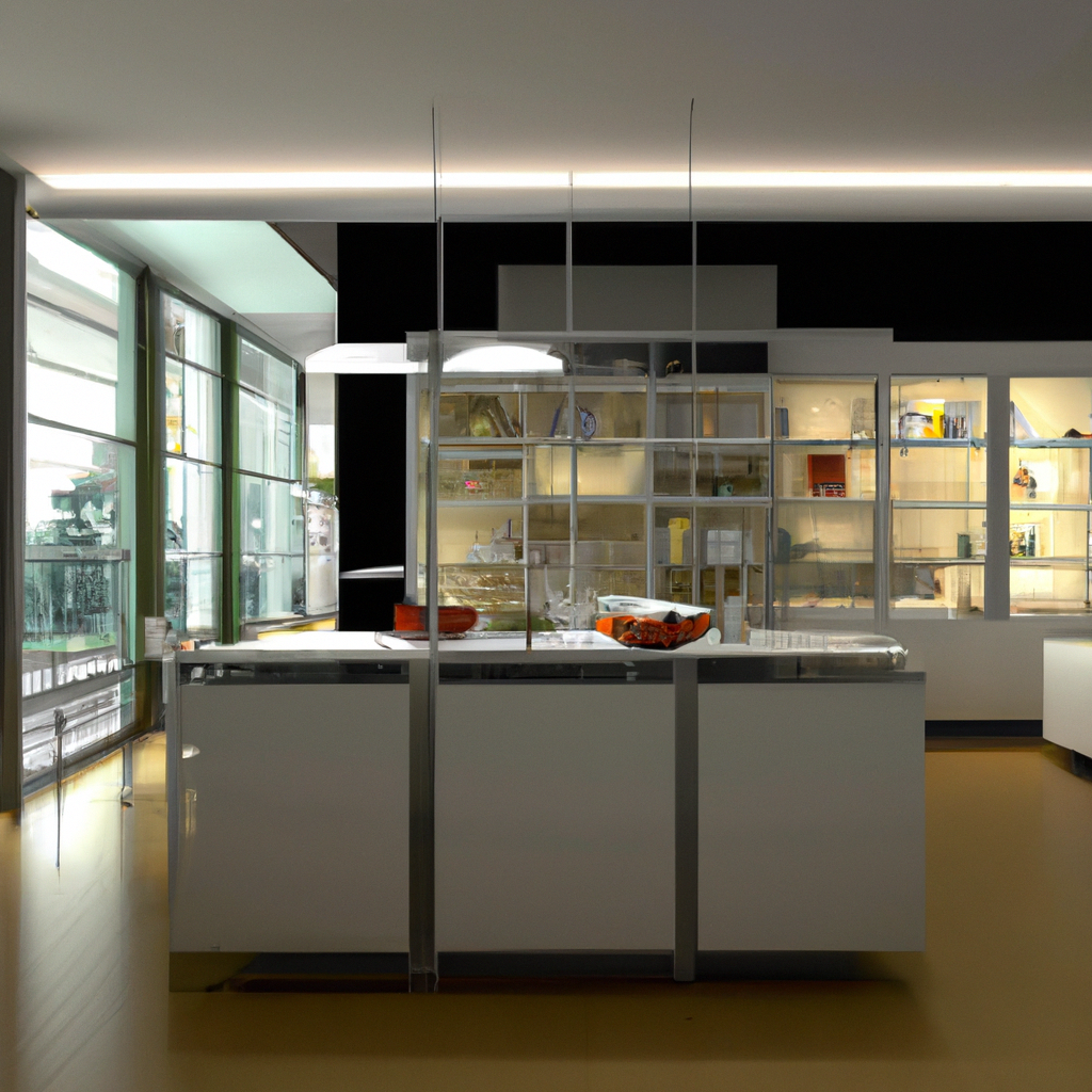 Cuisine moderne minimaliste avec îlot central en blanc, éclairage LED et étagères vitrées, ambiance épurée et lumineuse.