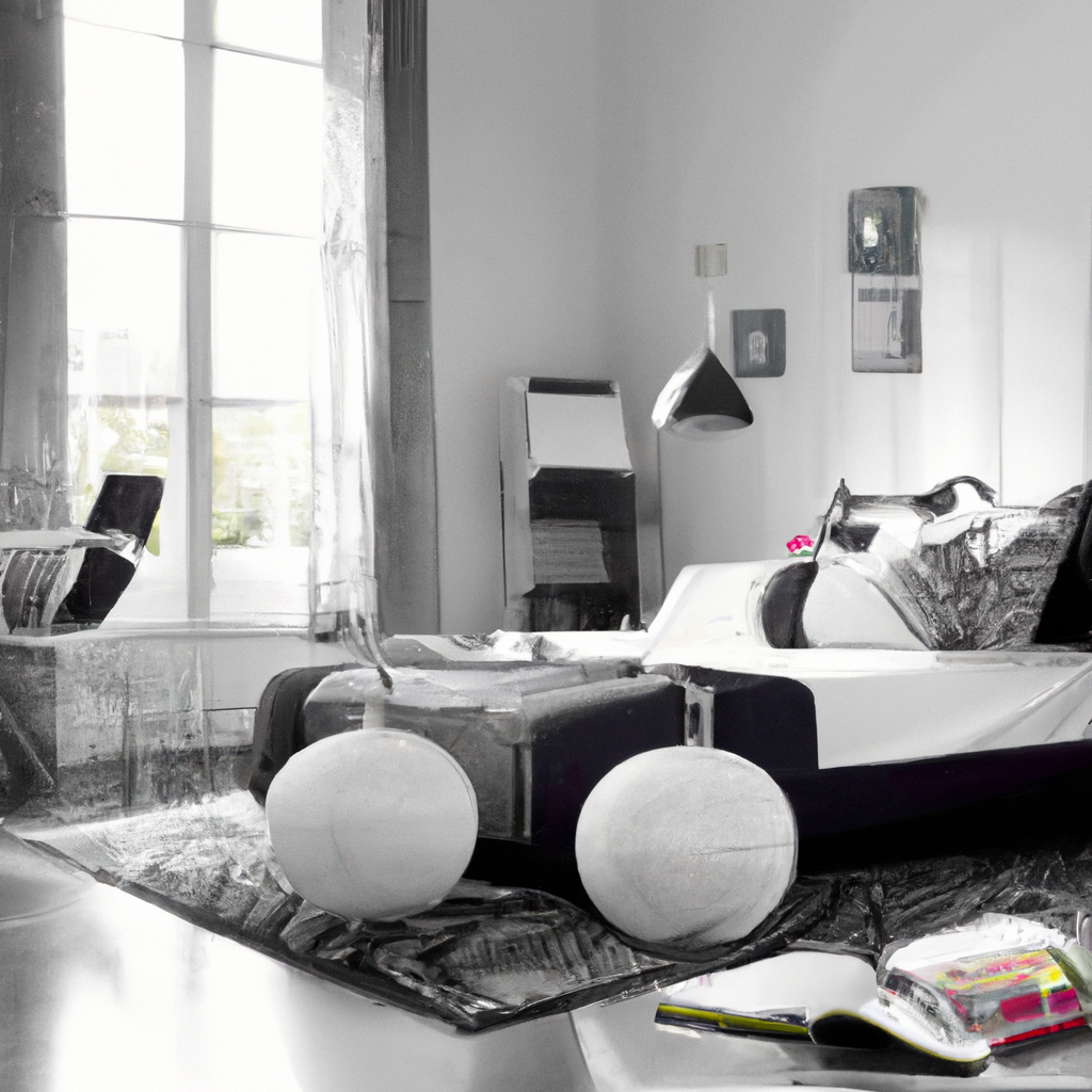 Intérieur moderne avec un fauteuil iconique, une table élégante, des tons neutres et un style contemporain épuré.