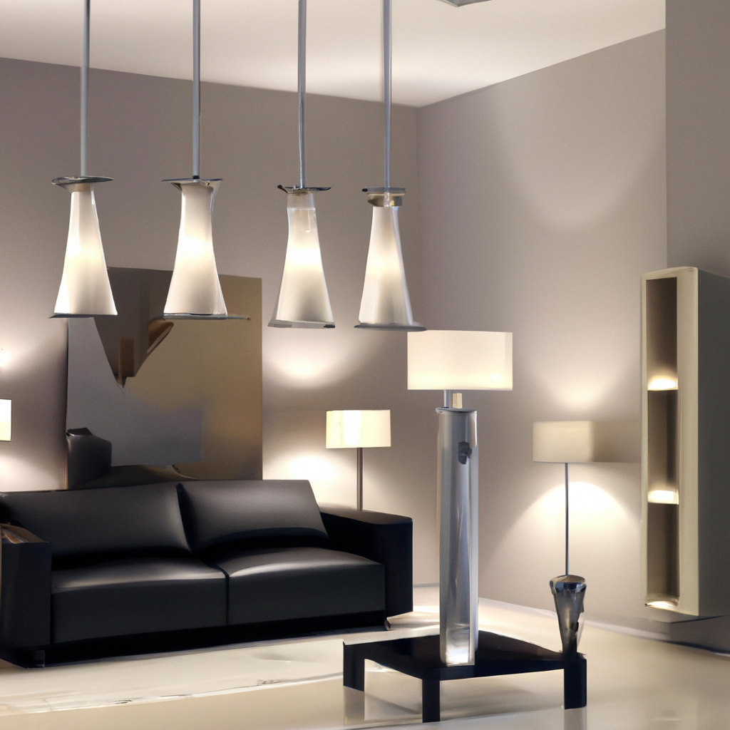 Salon moderne avec canapé noir, luminaires suspendus et lampes décoratives, ambiance élégante et épurée.