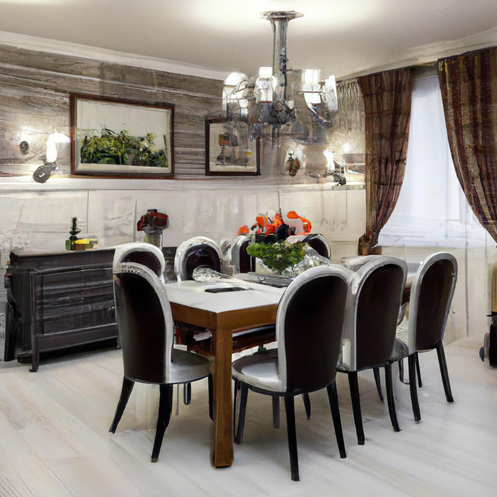 Salle à manger élégante avec table en bois, chaises modernes noires et blanches, lustre chic, ambiance chaleureuse.