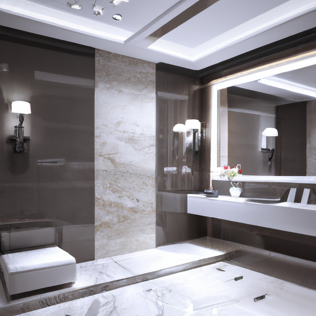 Salle de bain moderne avec murs marron brillant, lavabo élégant, éclairage LED et décor minimaliste.