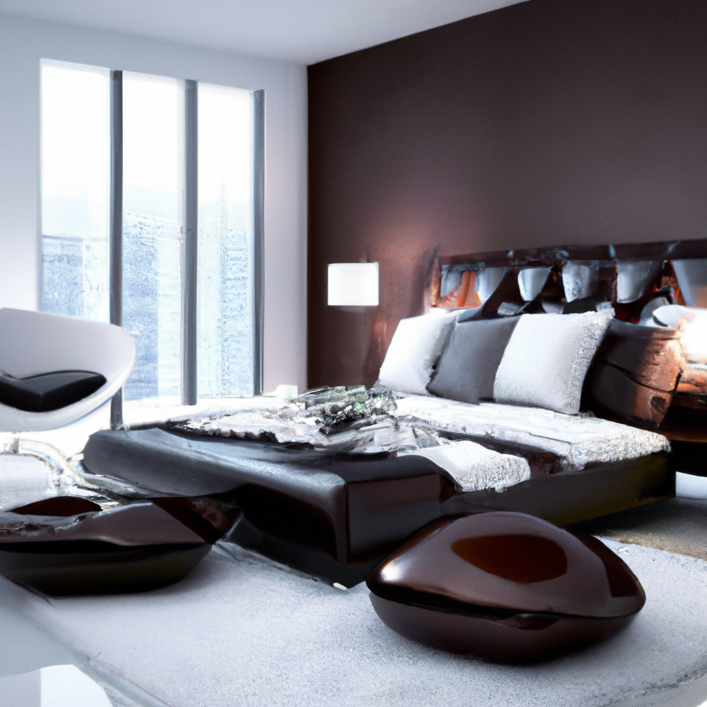 Chambre moderne avec mur marron, lit en cuir noir, coussins gris, fauteuil blanc et décoration minimaliste.