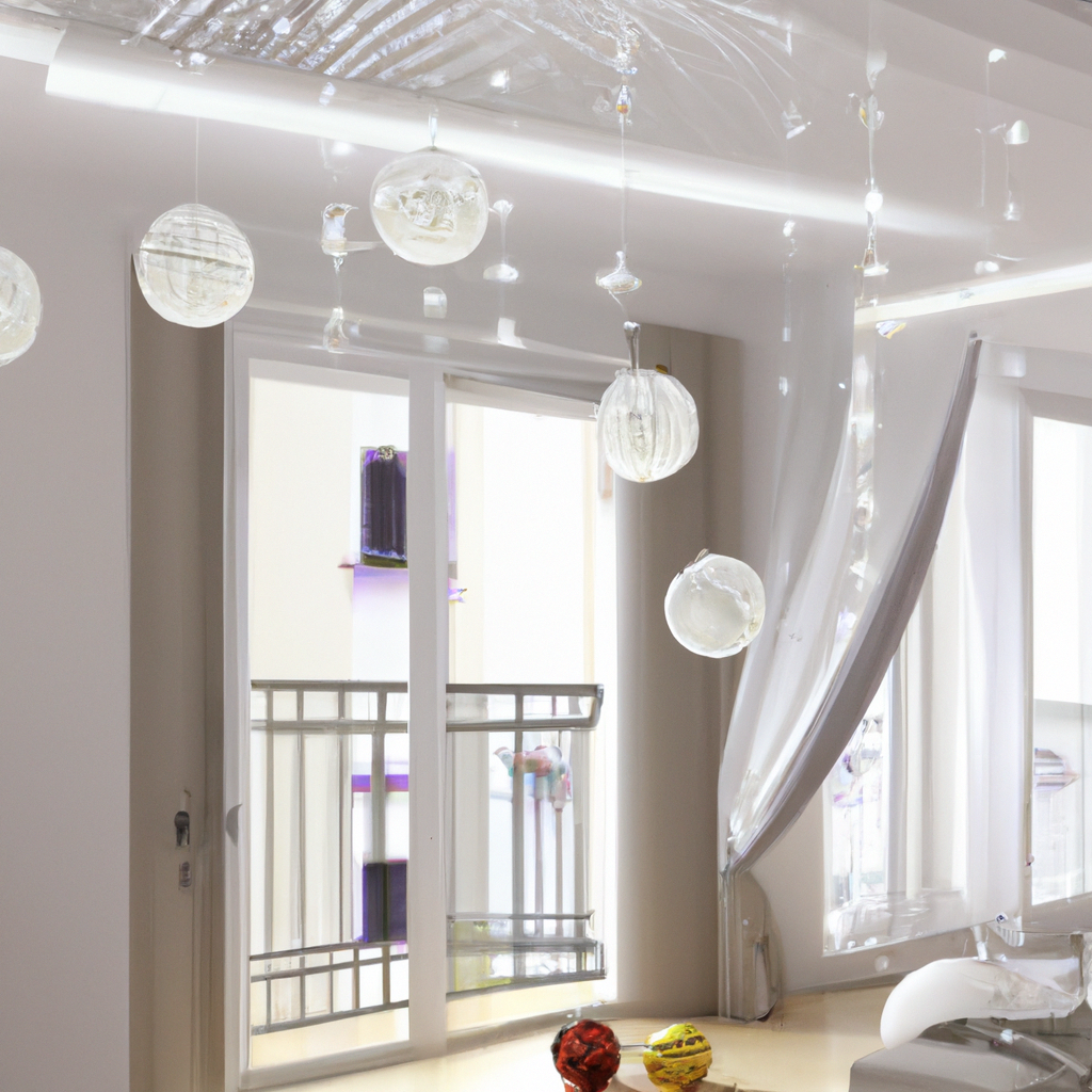 Intérieur moderne minimaliste avec murs clairs, meubles blancs, éclairage suspendu et décoration en verre, ambiance lumine...
