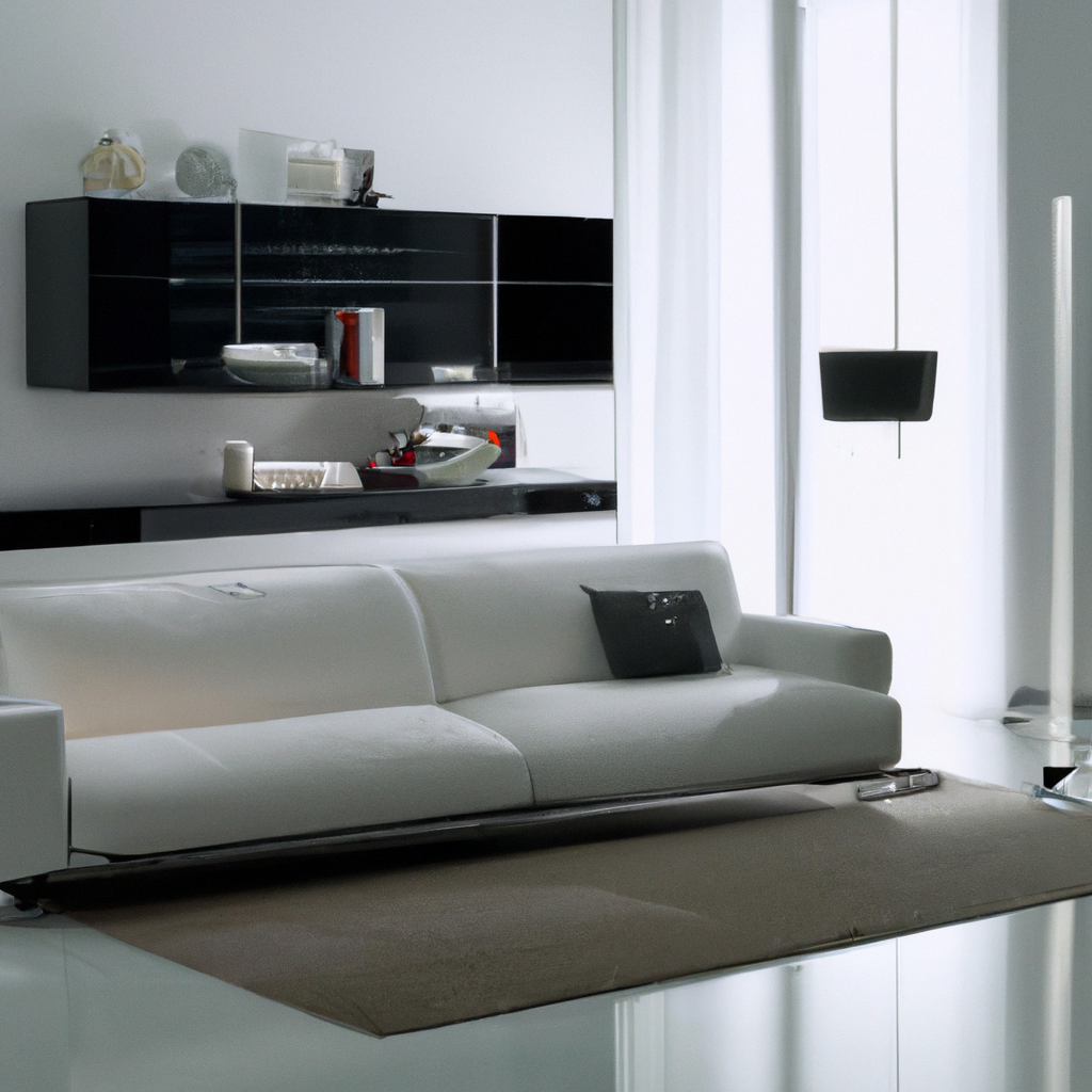 Salon moderne avec canapé blanc, étagère noire, ambiance minimaliste, sols clairs et décor épuré.