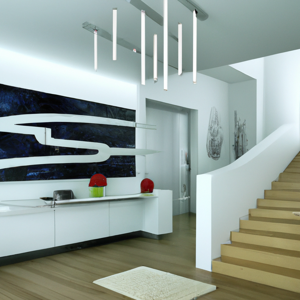 Intérieur moderne avec murs blancs, escalier en bois clair, éclairage suspendu minimaliste et décoration abstraite.