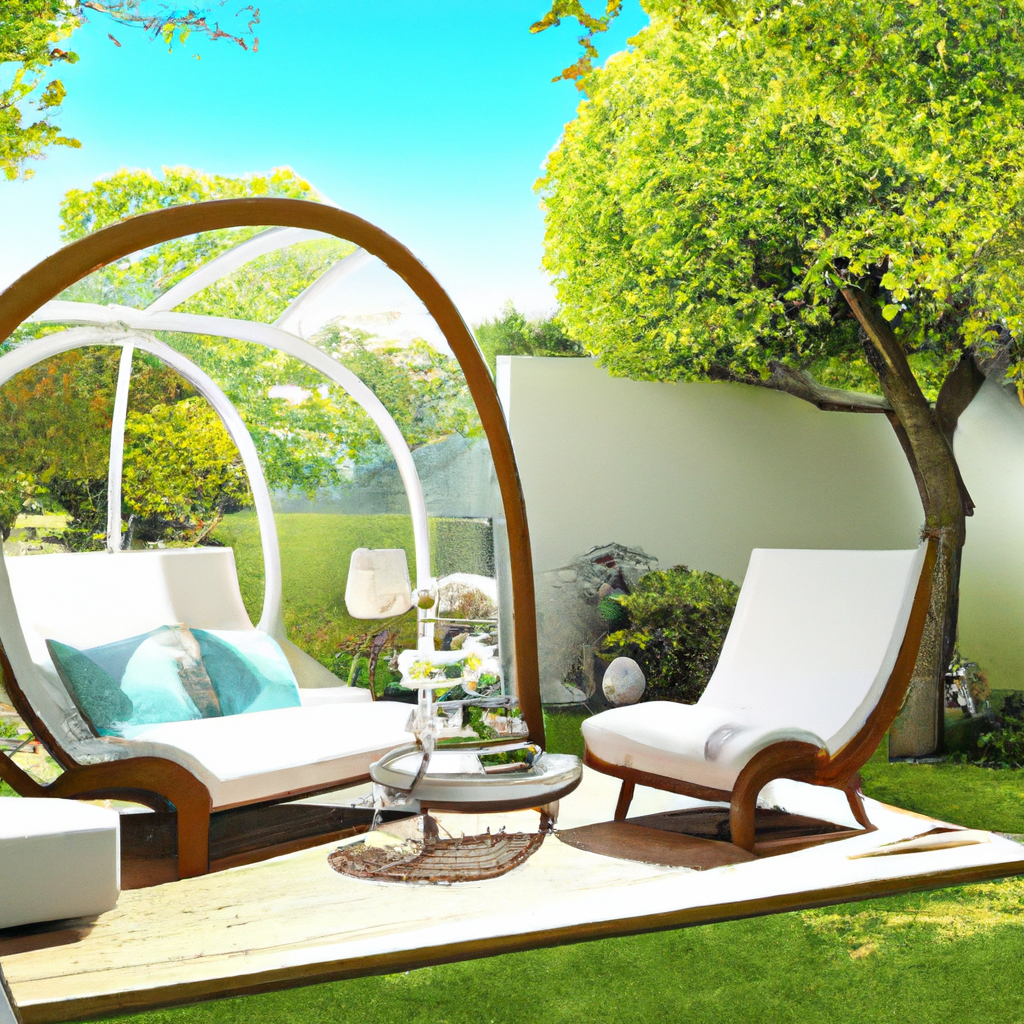 Espace extérieur moderne avec fauteuils blancs, table en bois, verdure luxuriante et ambiance relaxante.