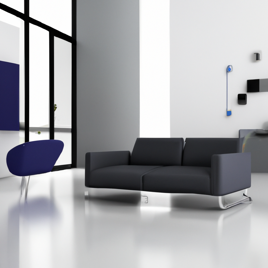 Salon moderne avec canapé gris, chaise bleue, murs blancs et grandes fenêtres, ambiance épurée et lumineuse.