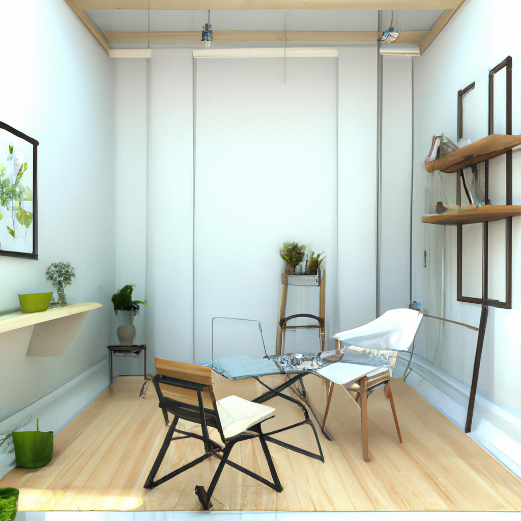 Intérieur moderne minimaliste : table en verre, chaises en bois, étagères à objets, lumière naturelle et plantes vertes.