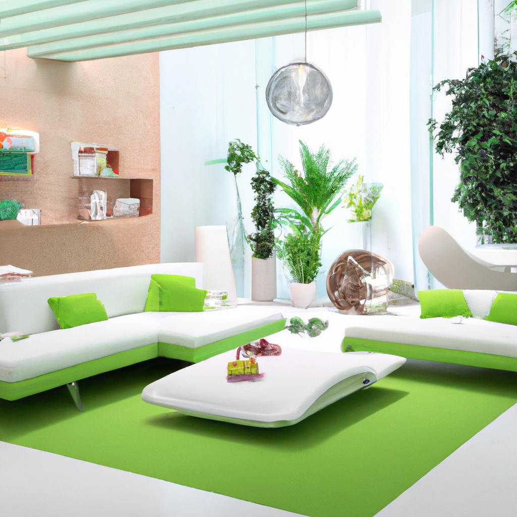 Salon moderne lumineux avec canapé blanc et coussins verts, table basse épurée sur tapis vert, plantes luxuriantes.