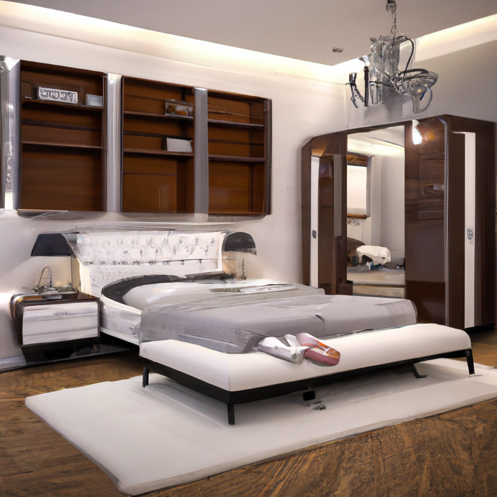 Chambre moderne avec lit élégant, murs brillants, meubles en bois foncé et ambiance relaxante.