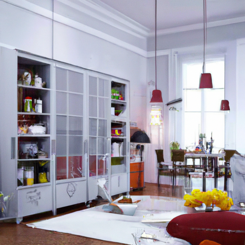 Intérieur moderne et lumineux avec armoire vitrée, table en verre, chaises en bois, suspension rouge et ambiance accueilla...