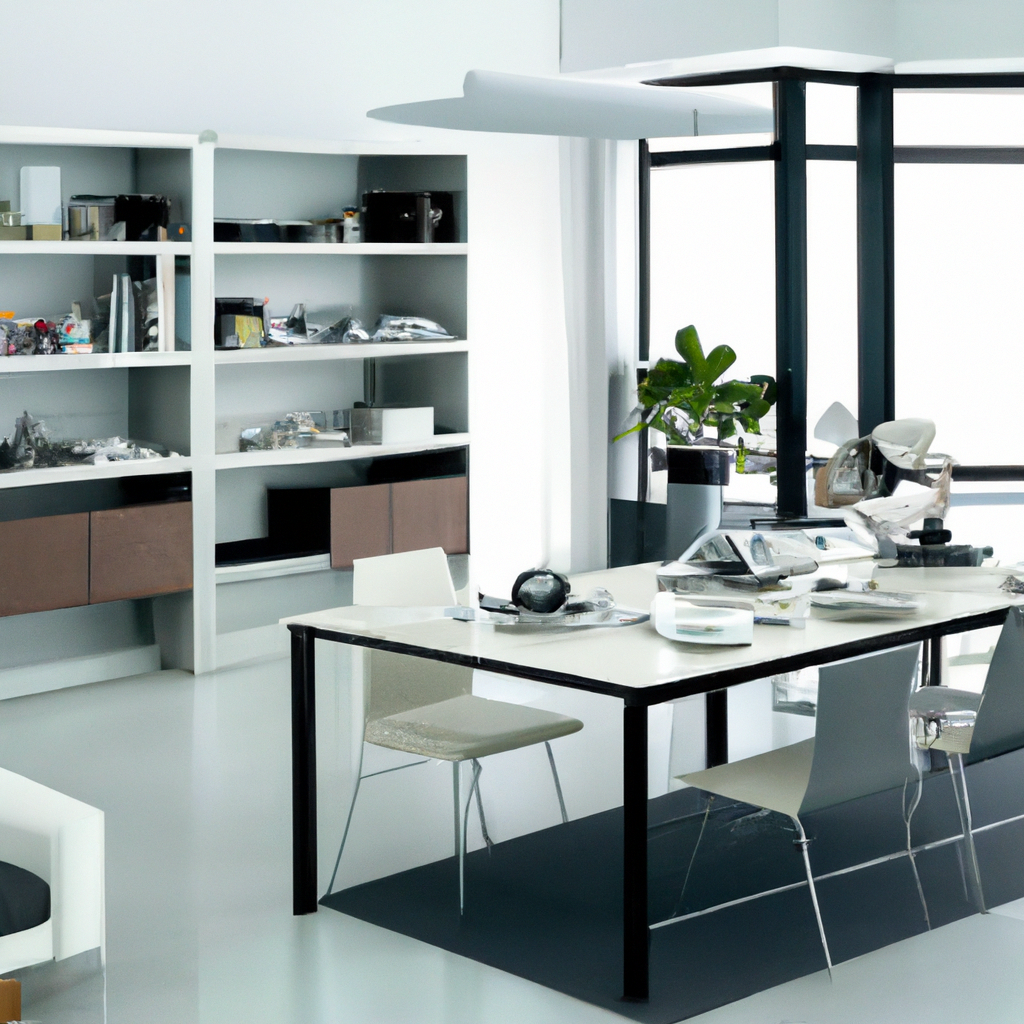 Espace de travail moderne avec table blanche, chaises grises, étagères minimalistes, et ambiance épurée et lumineuse.