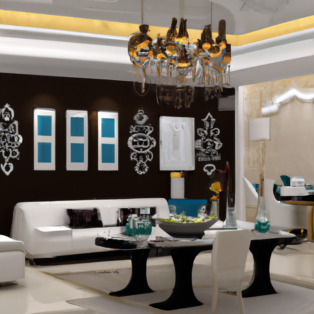 Salon moderne avec canapés blancs, table noire, décor mural artistique et lustre chic, ambiance raffinée et contemporaine.