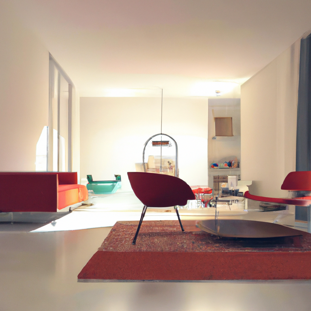 Intérieur moderne avec fauteuil rouge, table ronde, tapis, et ambiance épurée et lumineuse. Couleurs vives et design minim...