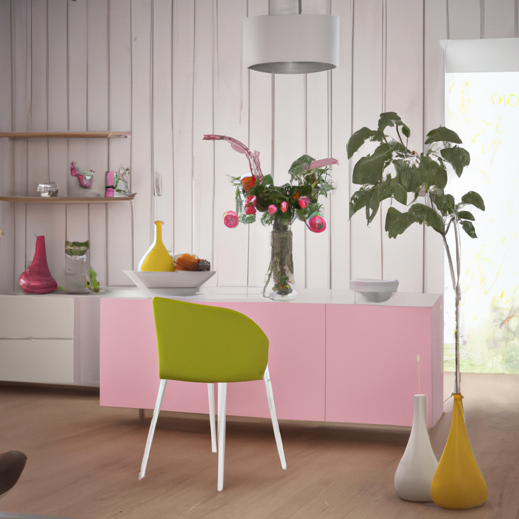 Décoration intérieure moderne : meuble rose, chaise verte, vase coloré, fleurs. Ambiance lumineuse et fraîche.