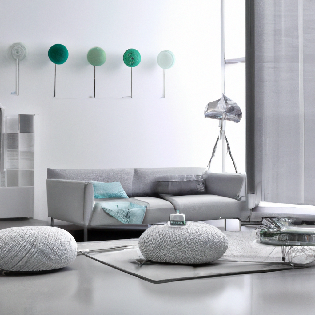 Salon moderne minimaliste avec canapé gris, poufs texturés, décorations murales vertes, ambiance lumineuse et épurée.