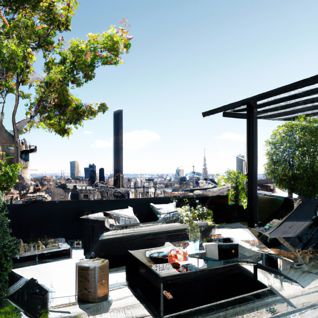 Terrasse moderne avec sofa noir, table en verre, vue urbaine, verdure et ciel bleu, ambiance élégante et contemporaine.