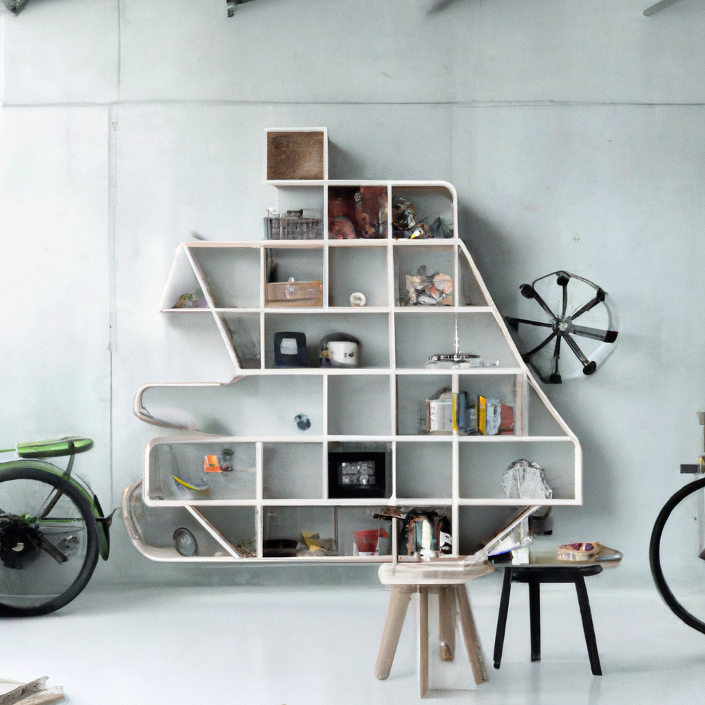 Étagère moderne aux formes géométriques, bois clair, décor minimaliste, ambiance lumineuse et épurée.