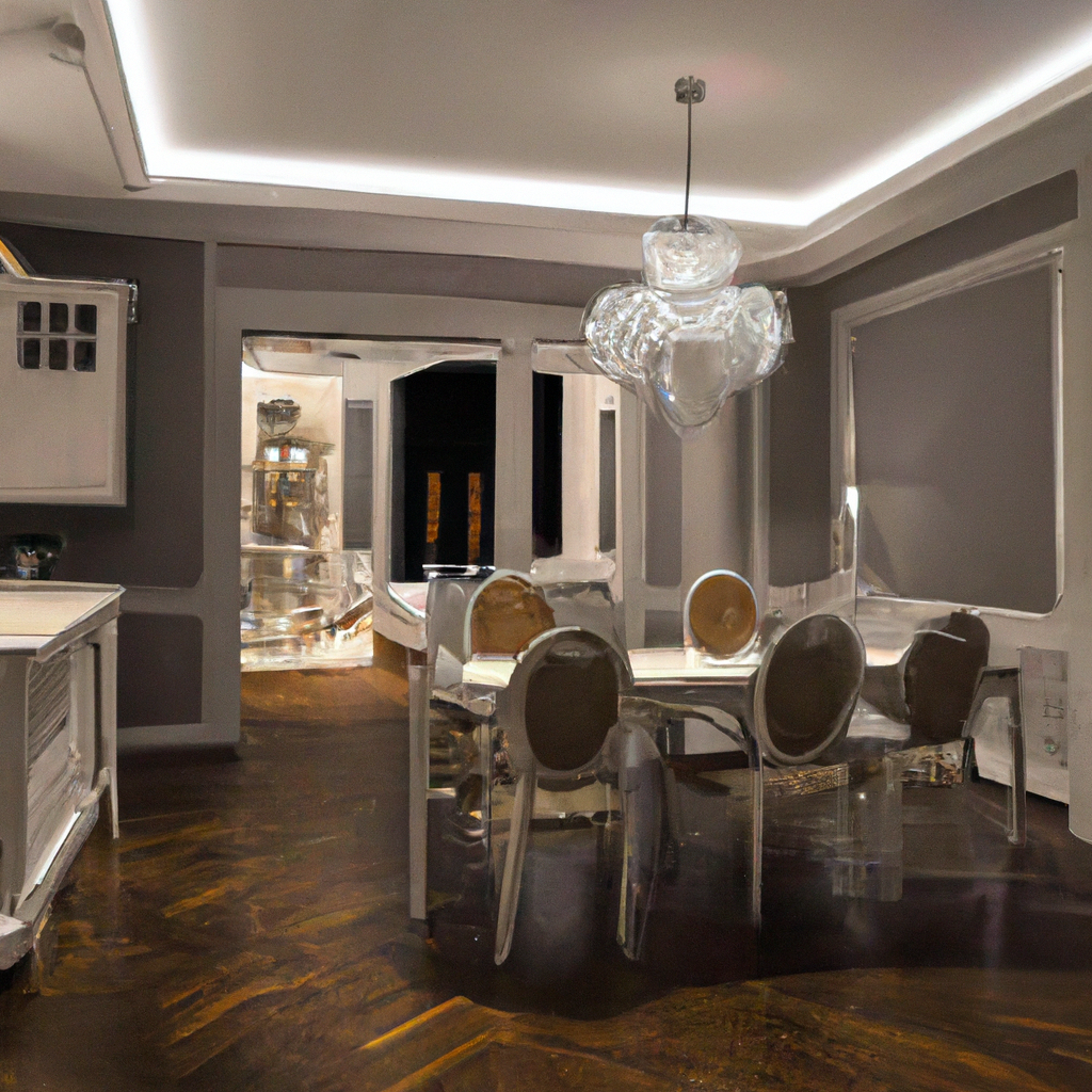 Cuisine moderne avec meubles transparents et bois sombre, élégante, ambiance minimaliste et lumineuse.