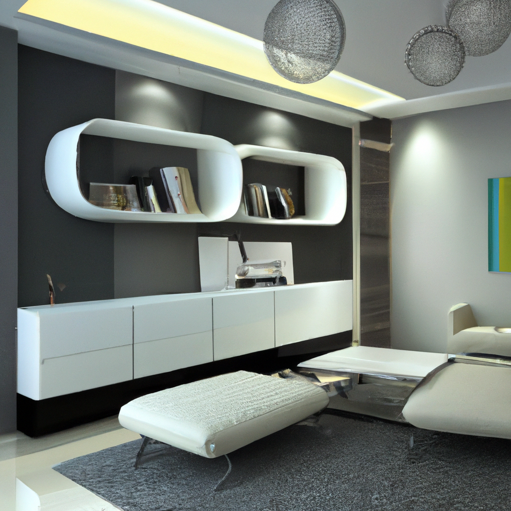 Intérieur moderne avec meuble blanc, étagères design, coussin gris et lampes suspendues, ambiance épurée et contemporaine.