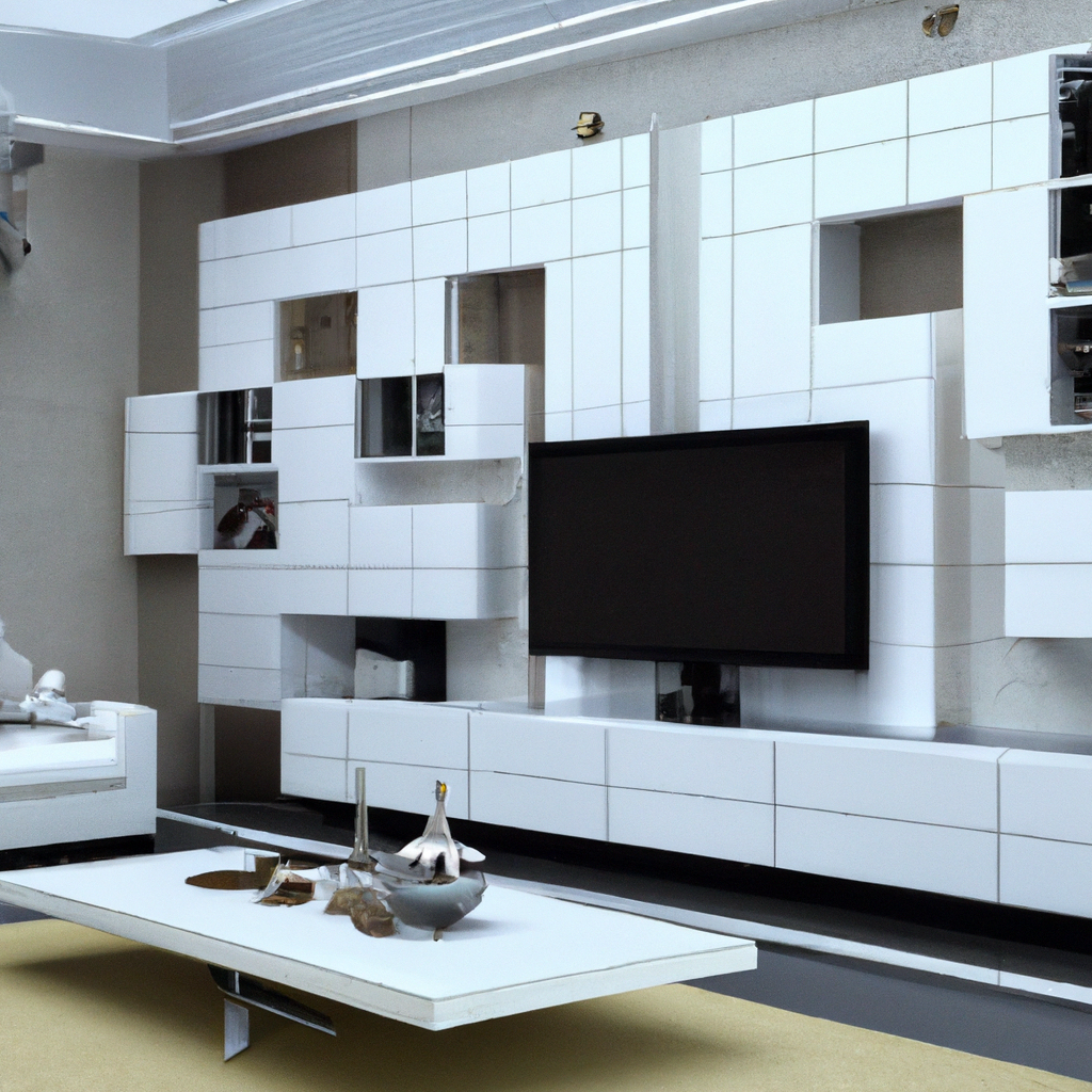 Décoration intérieure moderne, mur blanc avec étagères et TV, table basse épurée, ambiance minimaliste et chic.