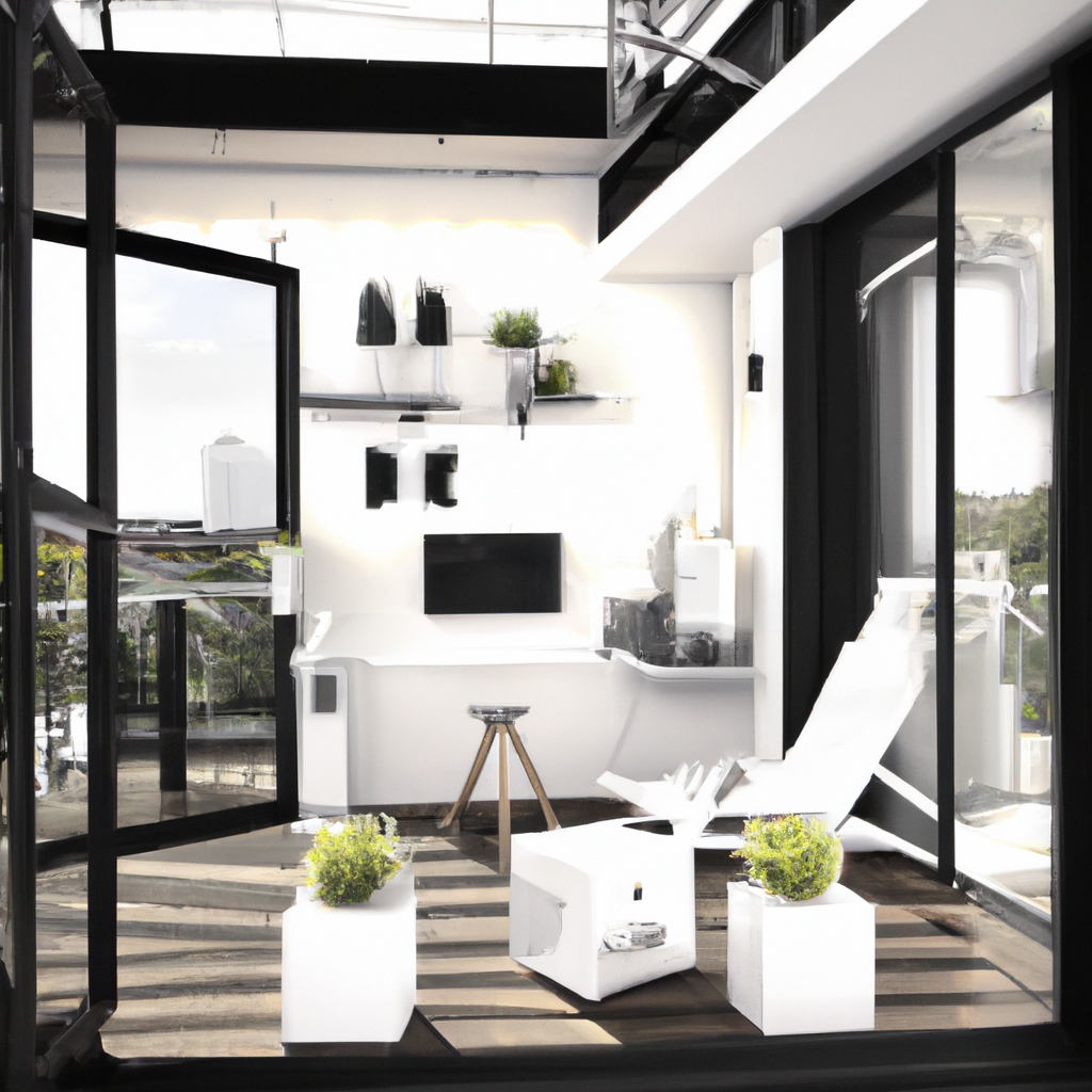 Salon moderne lumineux avec mobilier blanc, plantes vertes, et grandes fenêtres, créant une ambiance épurée et harmonieuse.