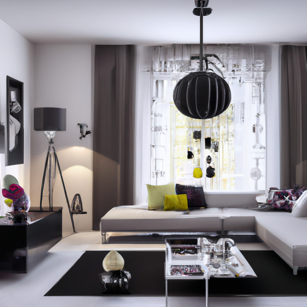 Salon moderne avec canapé blanc, touches de jaune, lumière naturelle, décoration épurée, ambiance chic et artistique.