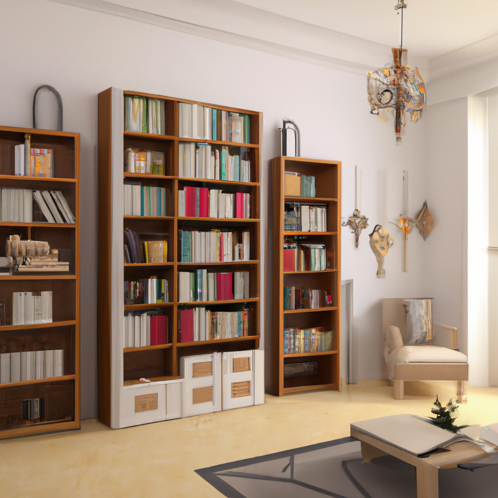 Intérieur lumineux avec étagères en bois, livres colorés, fauteuil moderne et chandelier élégant dans une ambiance chaleur...