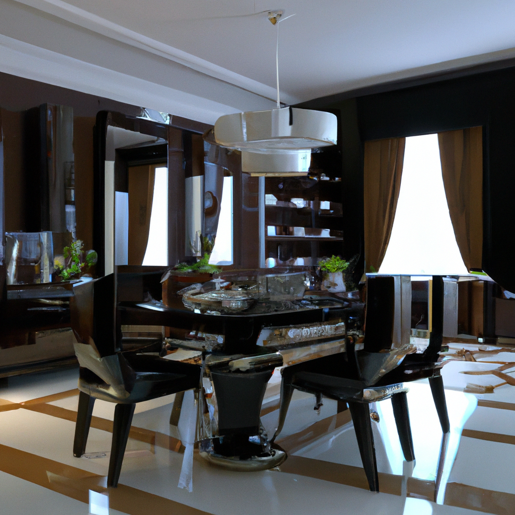 Salle à manger moderne avec meubles noirs brillants, accents dorés, lumière naturelle et ambiance élégante.
