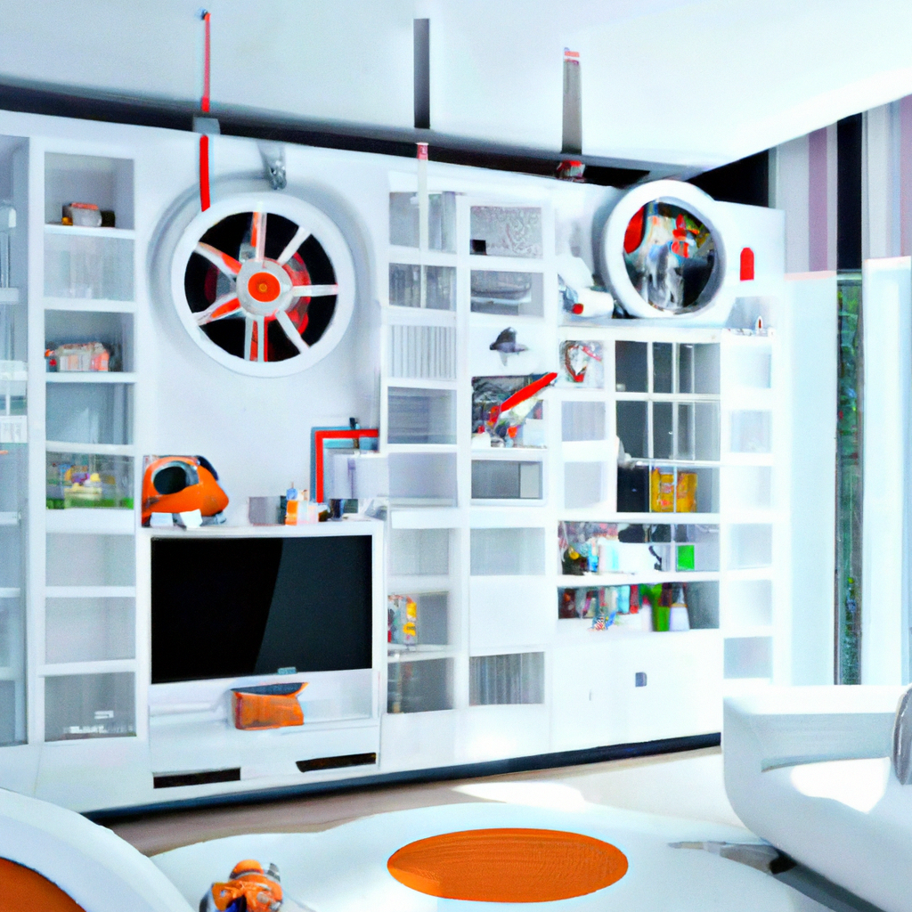 Intérieur moderne avec bibliothèque blanche, éléments orange, TV, et décorations uniques, ambiance contemporaine et dynami...