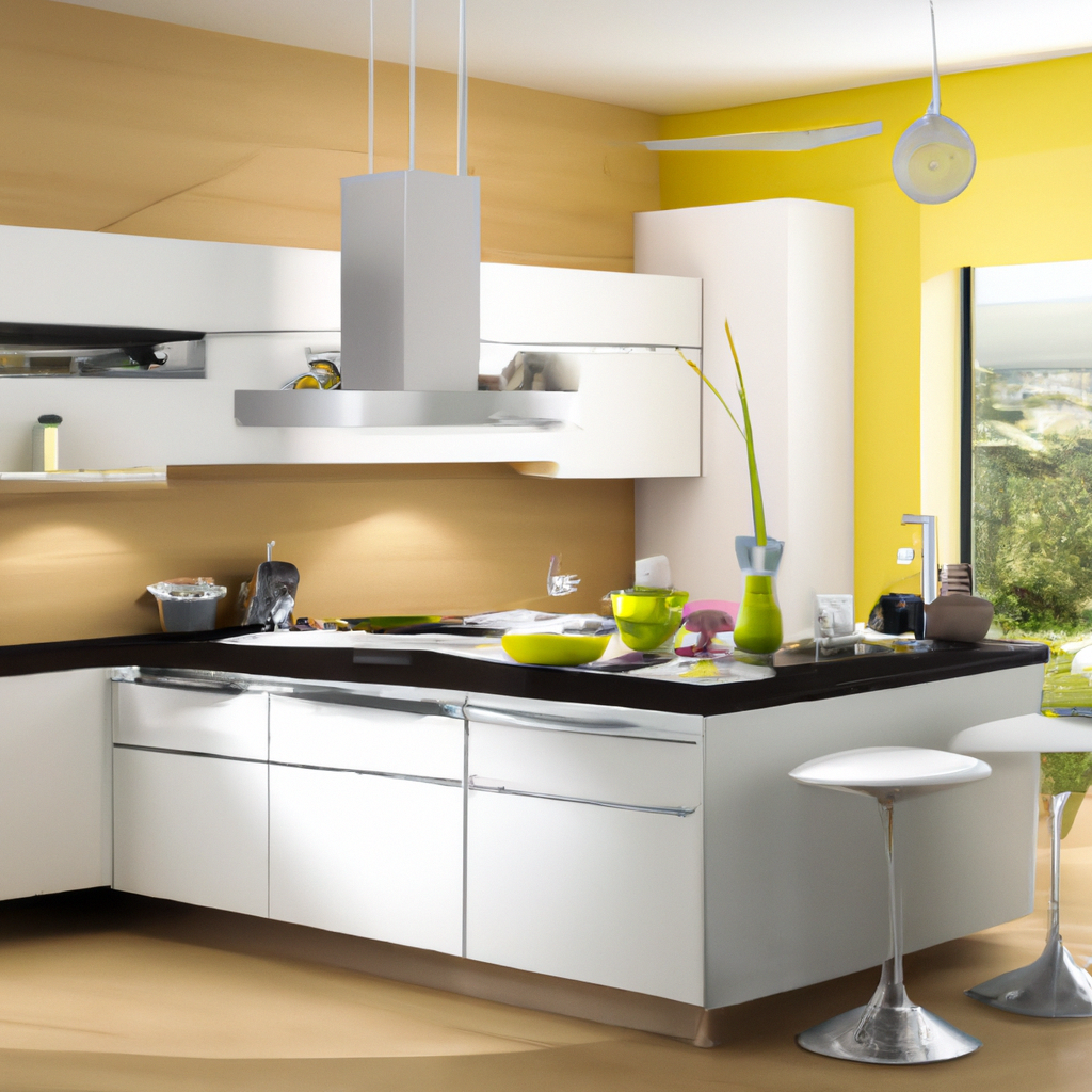 Cuisine moderne au design épuré, murs jaunes, meubles blancs, îlot central noir, accessoires colorés, ambiance lumineuse e...