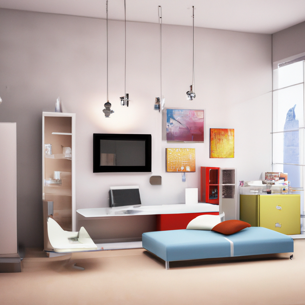 Chambre moderne avec canapé bleu, bureau blanc, étagères colorées et ambiance lumineuse, style épuré et contemporain.