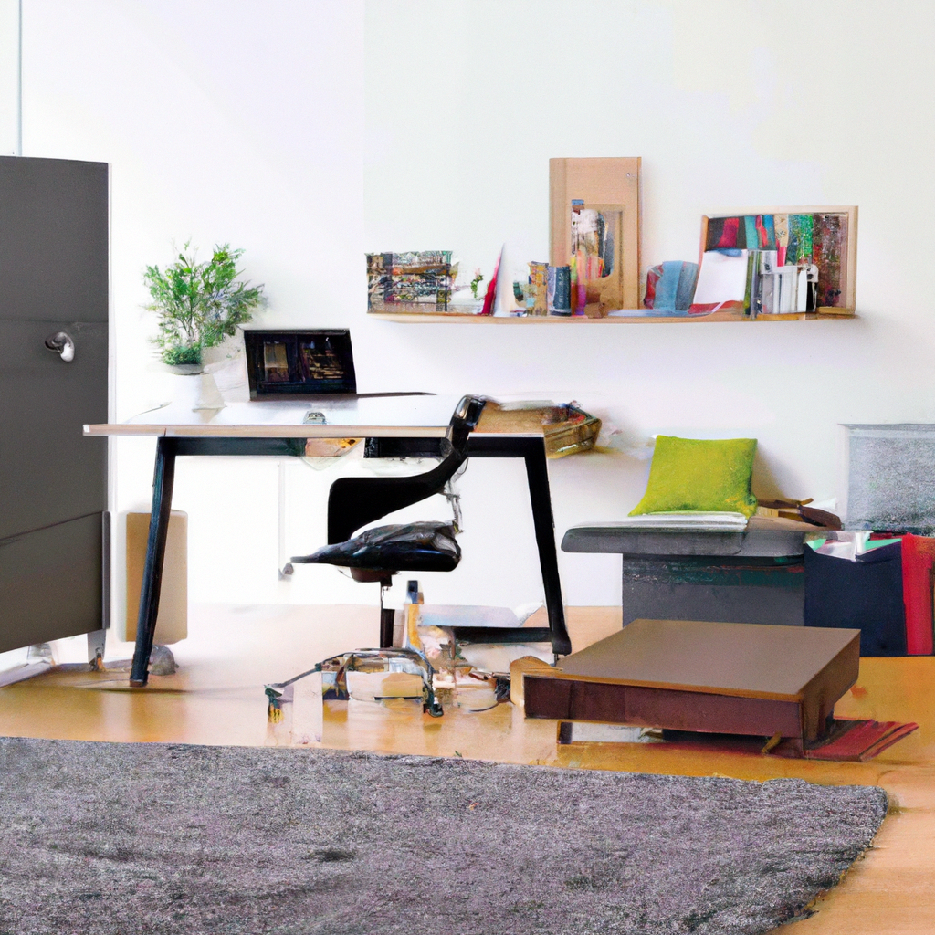 Bureau moderne minimaliste avec chaise noire, étagères classiques et décoration colorée, ambiance créative et lumineuse.