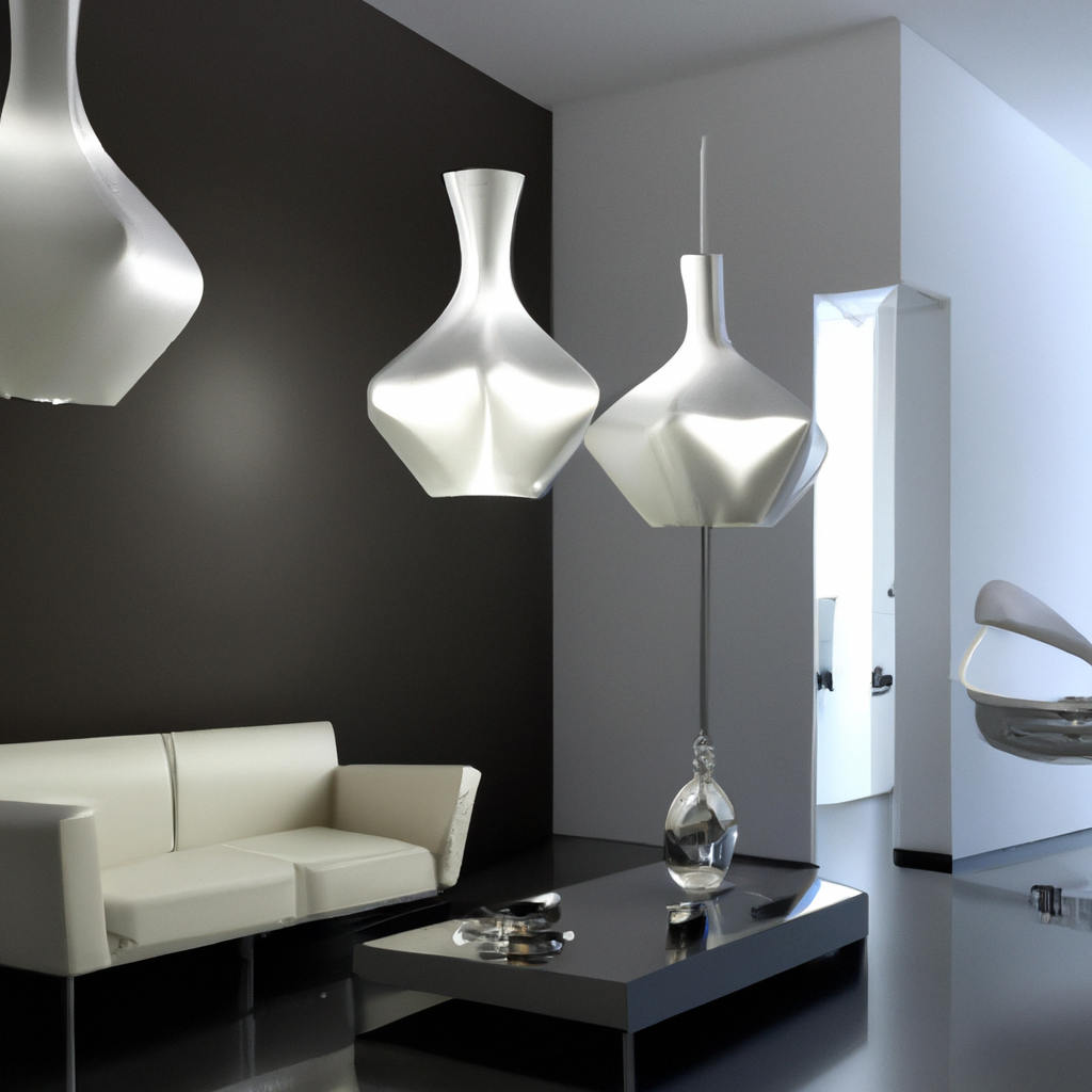 Salon moderne avec canapé blanc, table en verre, lumières sculpturales et murs foncés, ambiance épurée et élégante.