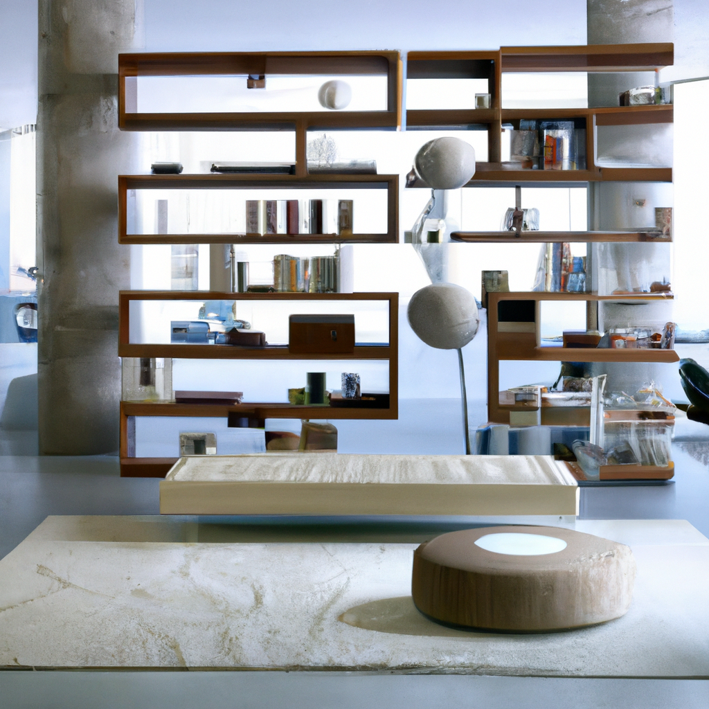 Bibliothèque moderne en bois avec objets décoratifs, table en béton et ambiance minimaliste lumineuse.