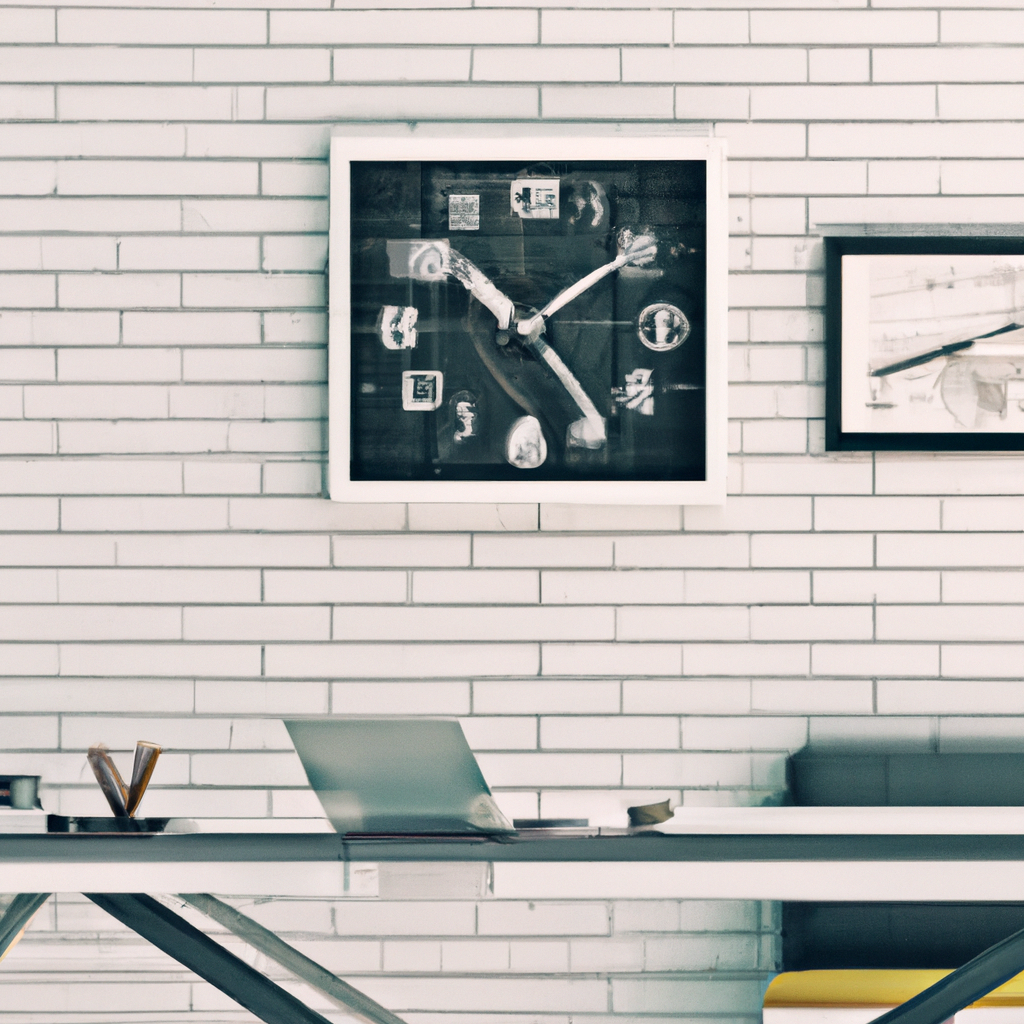 Bureau moderne en acier avec horloge murale, décor minimaliste, mur de briques blanches et touches de jaune.