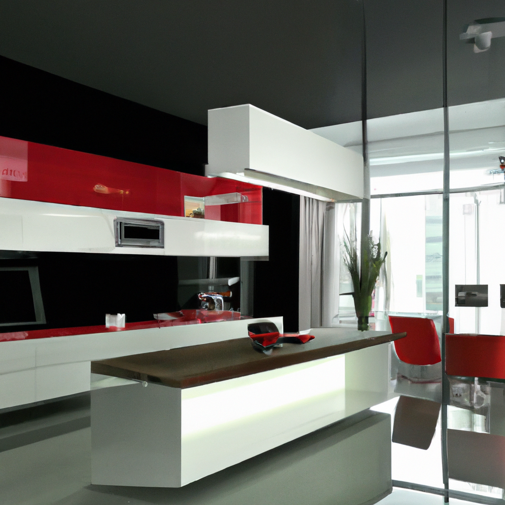 Cuisine moderne élégante, murs noirs et rouges, mobilier blanc minimaliste, îlot lumineux, ambiance contemporaine.