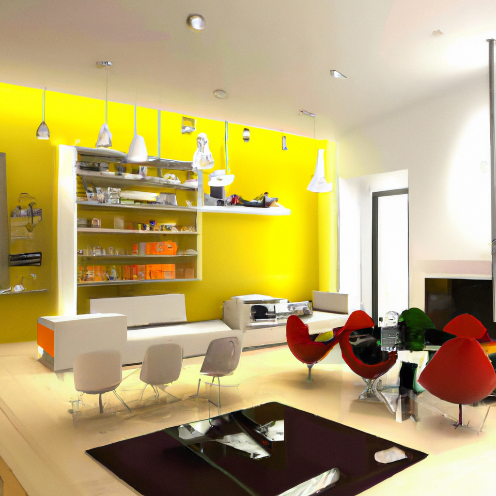Intérieur moderne avec un mur jaune vif, mobilier en blanc et rouge, table noire, éclairage suspendu et ambiance minimaliste.