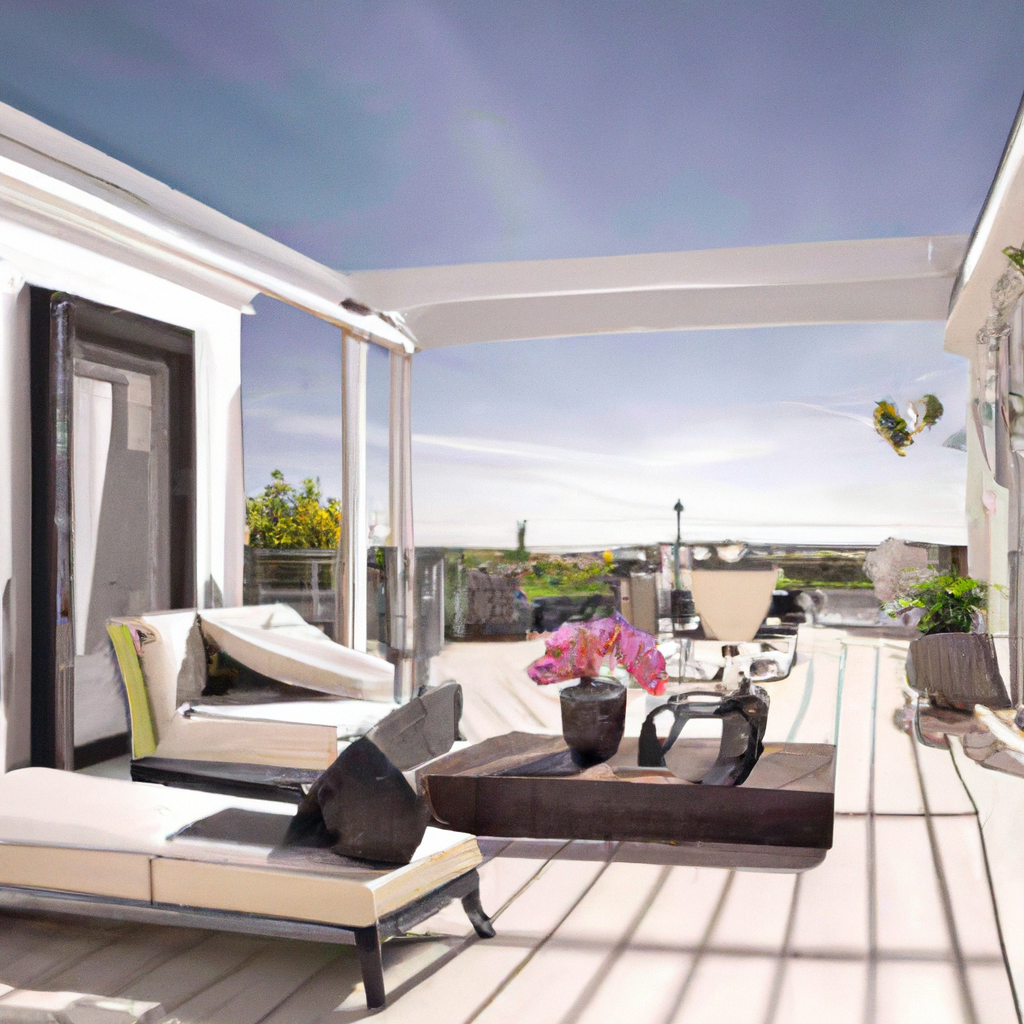 Terrasse moderne avec salon en blanc, table noire, plantes, vue dégagée et ambiance lumineuse et apaisante.