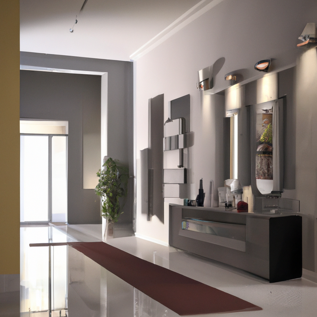 Intérieur moderne avec un meuble gris, miroir décoratif, plantes vertes, et un tapis rouge, ambiance épurée et élégante.