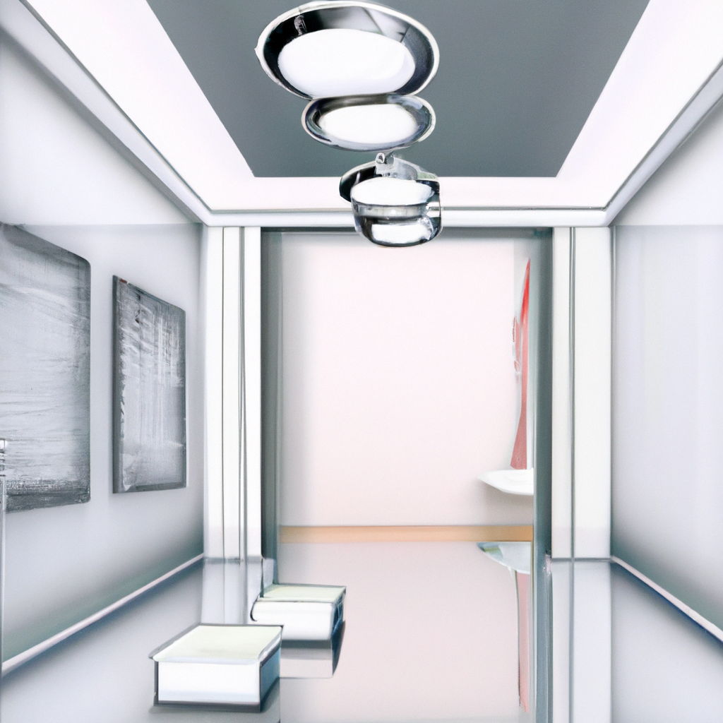 Intérieur moderne épuré avec murs clairs, sol brillant, mobilier minimaliste et éclairage suspendu élégant.