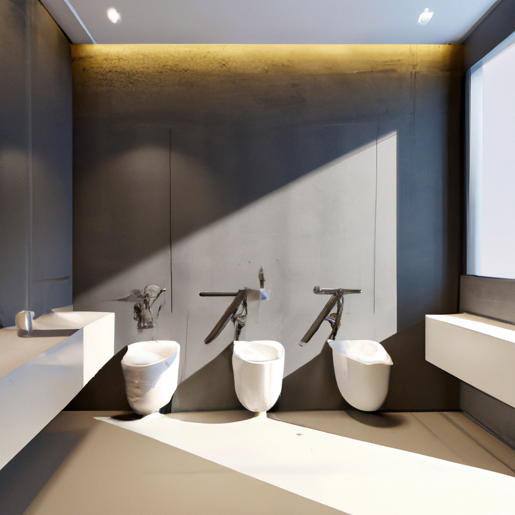 Salle de bains moderne minimaliste avec murs en béton, sanitaires blancs et éclairage zen.