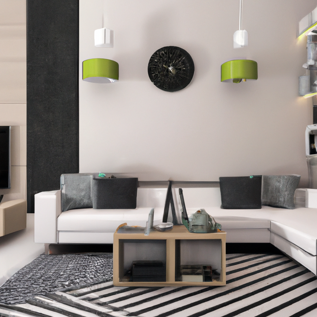 Salon moderne avec canapé blanc, coussins gris, table basse en bois et accents verts, ambiance contemporaine et épurée.