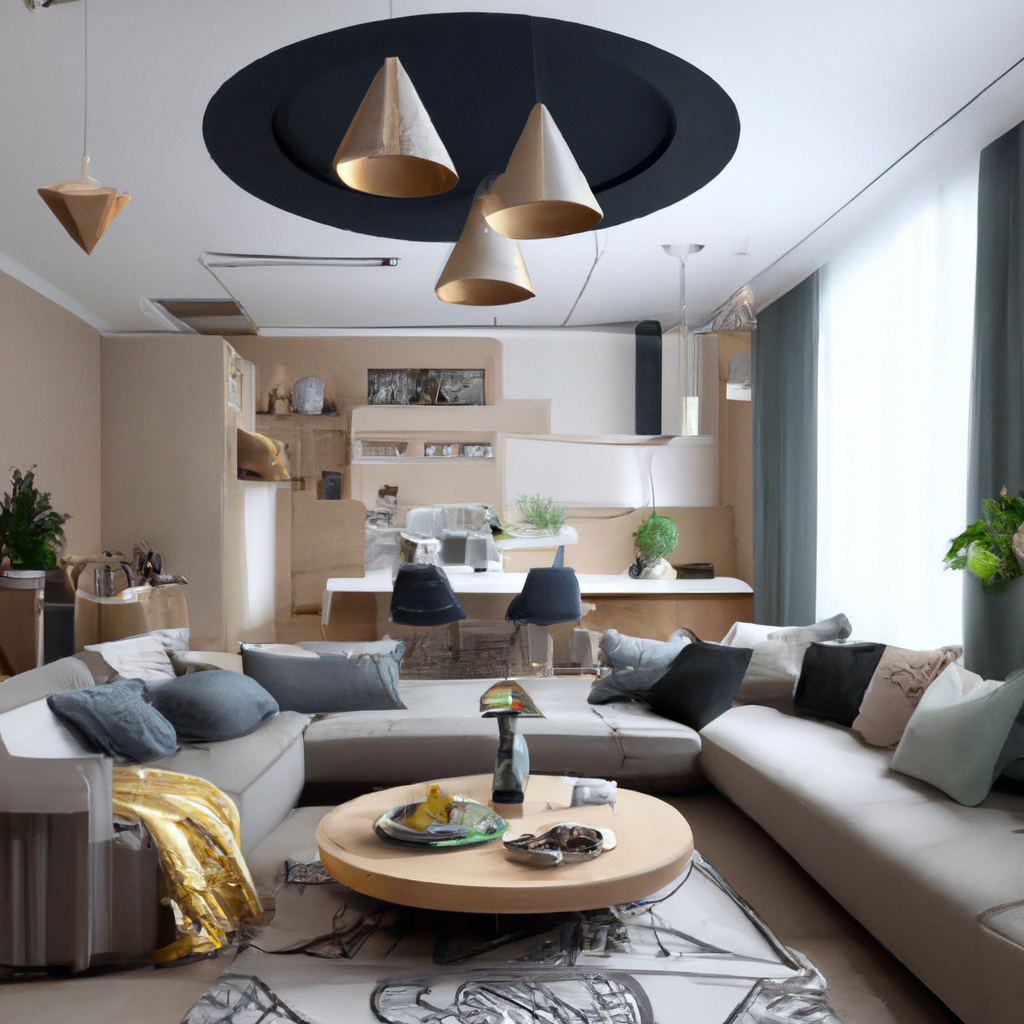 Salon moderne avec canapé en lin, table basse en bois, touches dorées, ambiance cozy et minimaliste avec plantes.