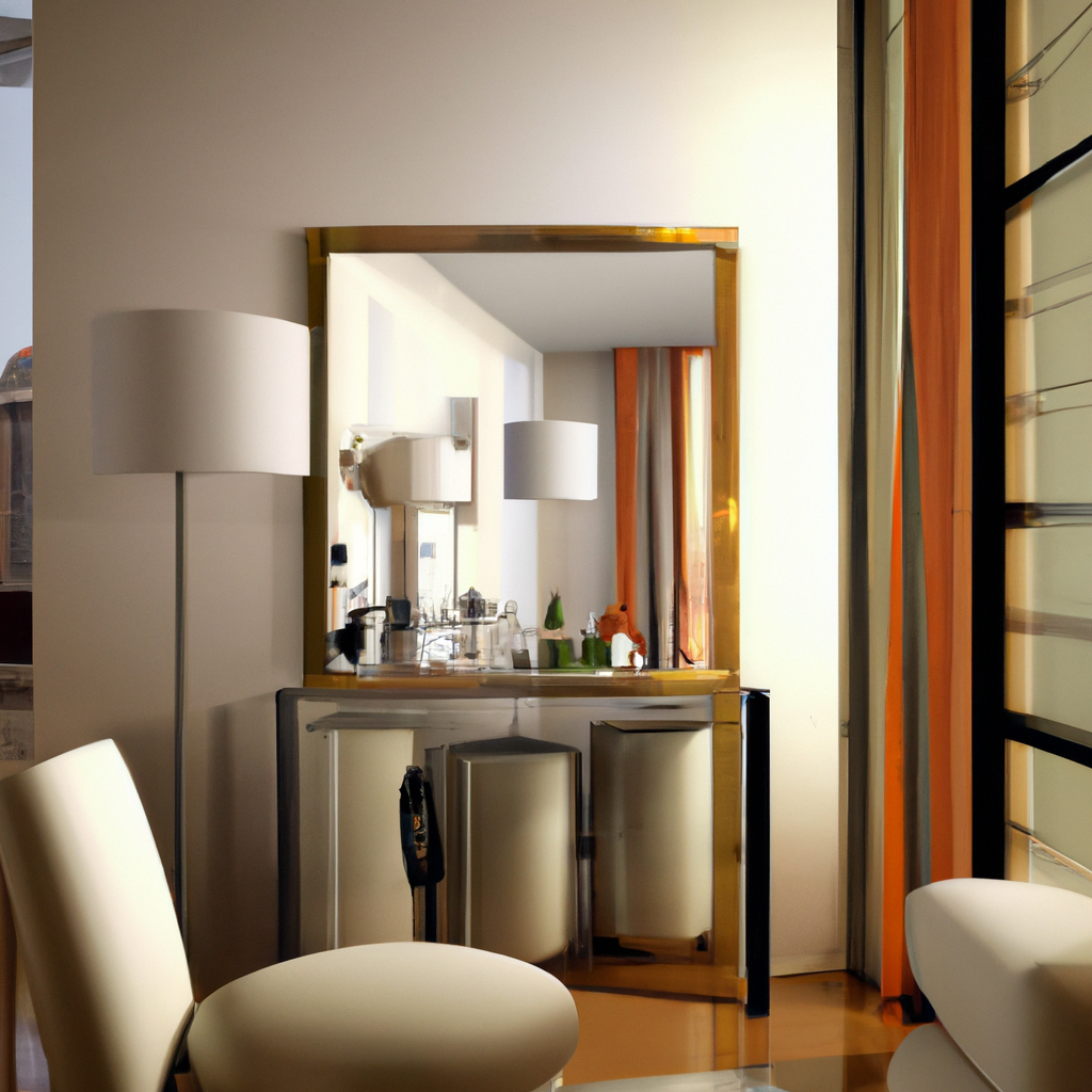 Intérieur moderne avec miroir doré, lampadaire, meuble élégant, murs clairs et rideaux orange. Ambiance lumineuse et conte...
