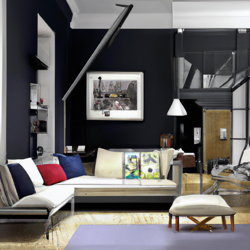 Salon moderne avec mur noir, canapé blanc et coussins colorés, oeuvre d'art au mur, ambiance chic et épurée.